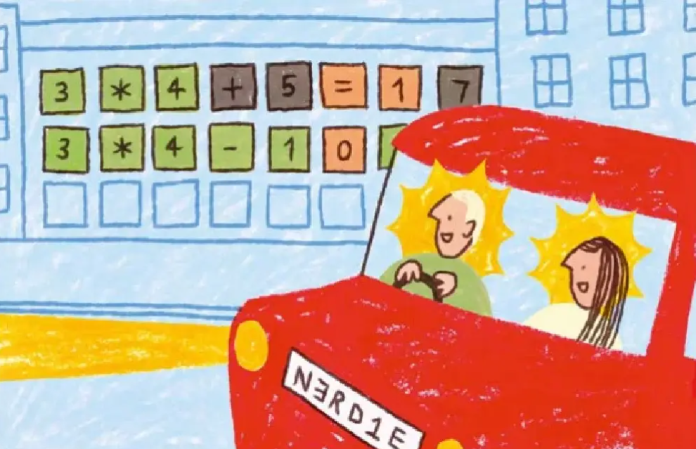 Illustration of Richard and Imogen Mann in a red car with a nerdle grid in the sky, from The Simple Things magazine