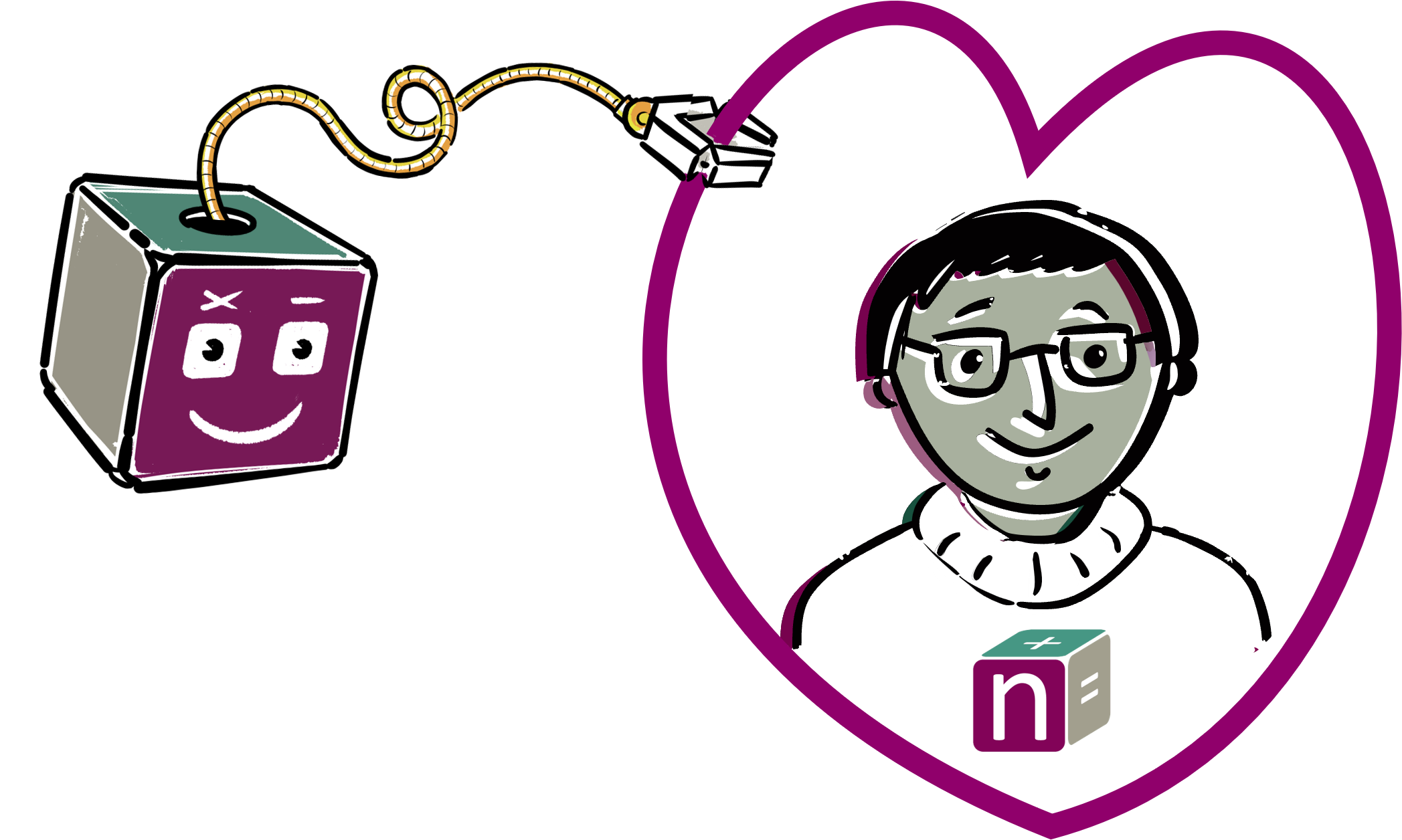 The nerdle mathscot drawing a love heart around a sketch of Bill Gates, with the nerdle logo